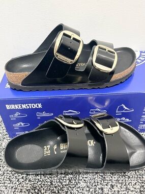 Birkenstock Black Arizona Glossy Two-Strap Sandals with Gold Buckles